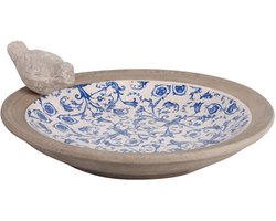 Esschert Design - Keramiek Vogelbad Met Print - Grijs/ Blauw - 33,5 x 33,5 x 10,8 cm