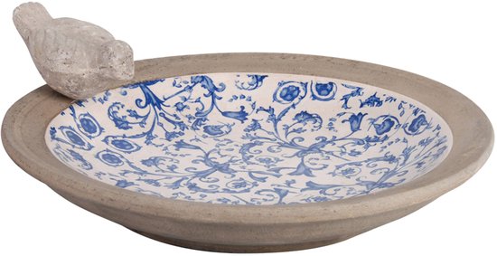 Esschert Design - Keramiek Vogelbad Met Print - Grijs/ Blauw - 33,5 x 33,5 x 10,8 cm