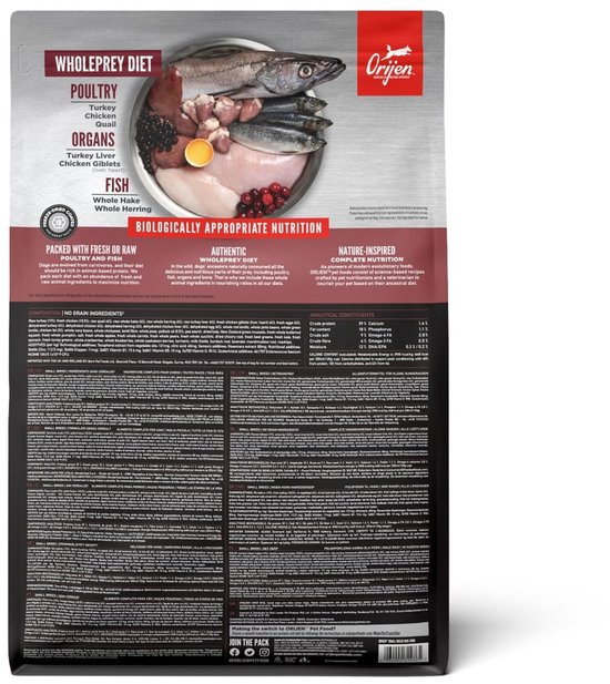 Achterkant Orijen Wholeprey Diet hondenvoer met ingrediënten en voedingsinformatie.