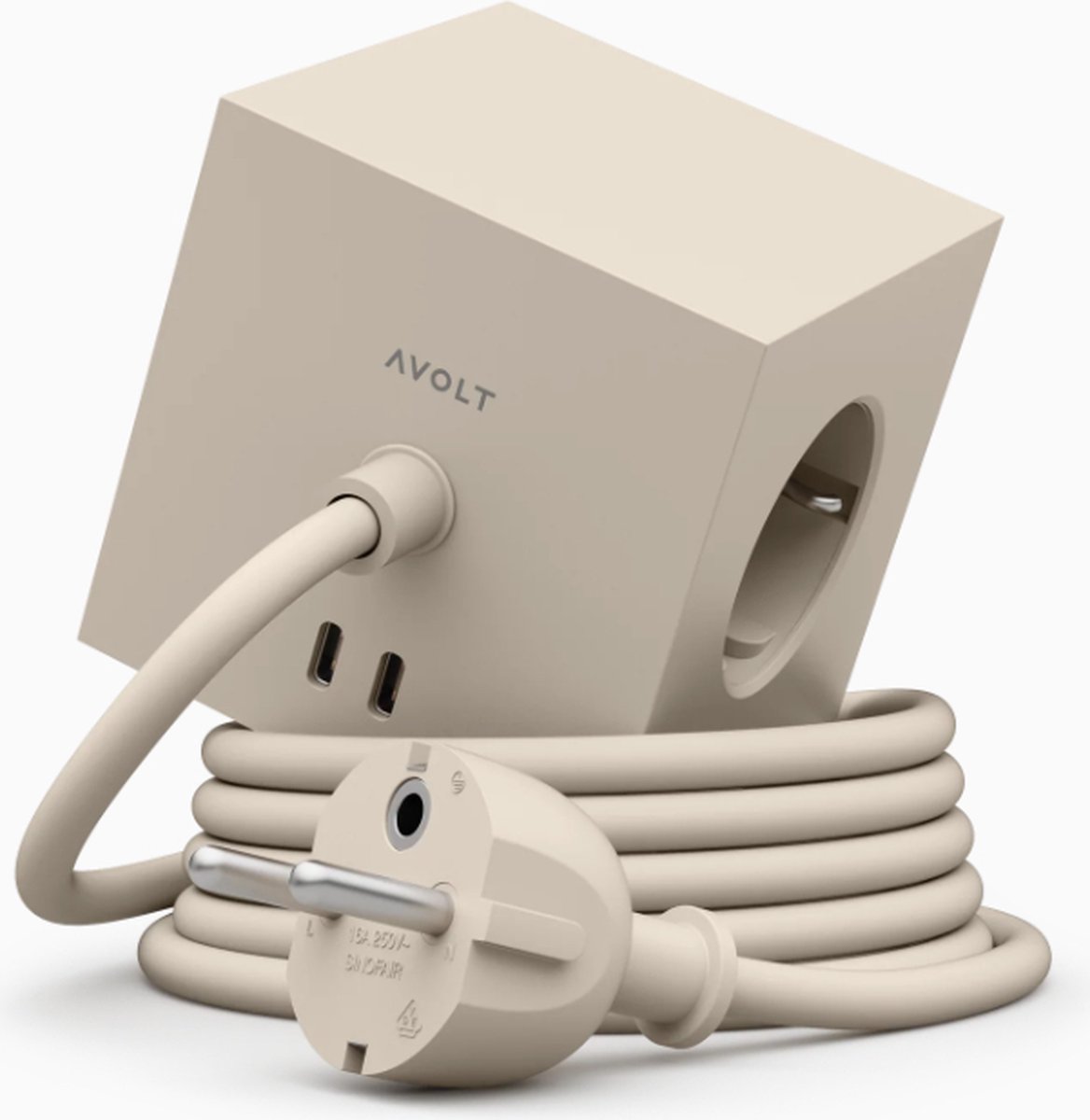 Avolt Square 1 | Design Stekkerdoos met USB-C & 3 Meter Kabel - Nomad Sand