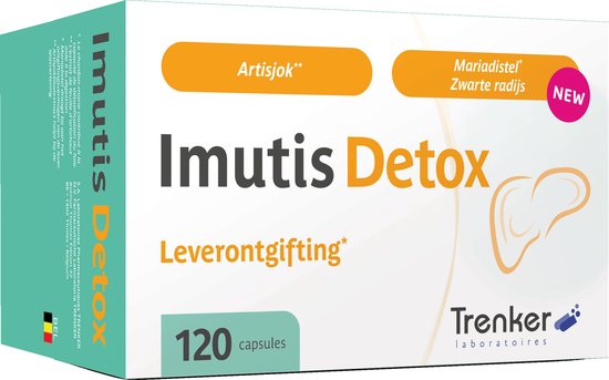 Verpakking van Imutis Detox met "Artisjok", "Mariadistel", "Zwarte radijs" en "Leverontgifting" in het Nederlands.