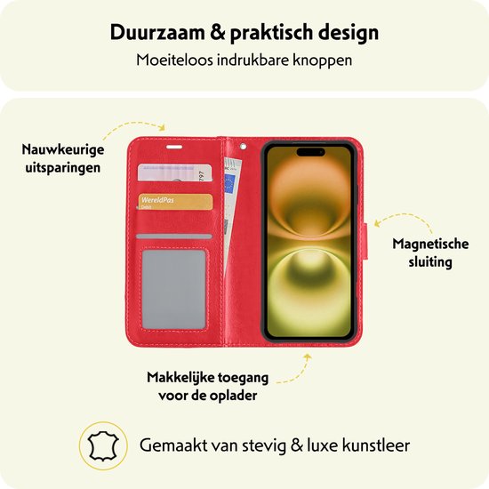 Hoesje - Met 2x Screenprotector - Geschikt voor Apple iPhone 16 Plus - Luxe Pasjeshouder - Bookcase Portemonee - Flip Case - Kunstleer Book Case - Flipcase Hoes - Book Cover - Walletcase - Portemonneehoes - Telefoonhoesjes - Rood