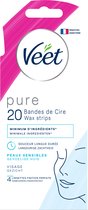 Veet Pure gezichtsstrips, 20 stuks. Minimale ingrediënten, langdurige zachtheid, voor gevoelige huid. 4 afwerkingsdoekjes.