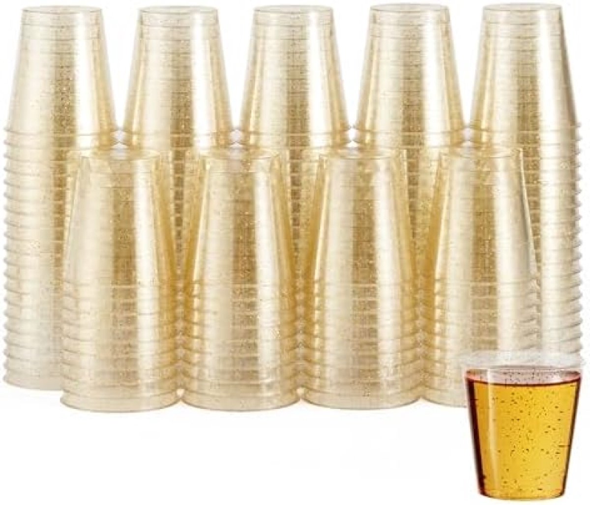 150 Plastic Shotglaasjes Transparante Shotglazen met Gouden Glitter (30ml) Borrelglaasjes voor Bruiloften Verjaardagen Kerst & Feesten Stevig & Herbruikbaar