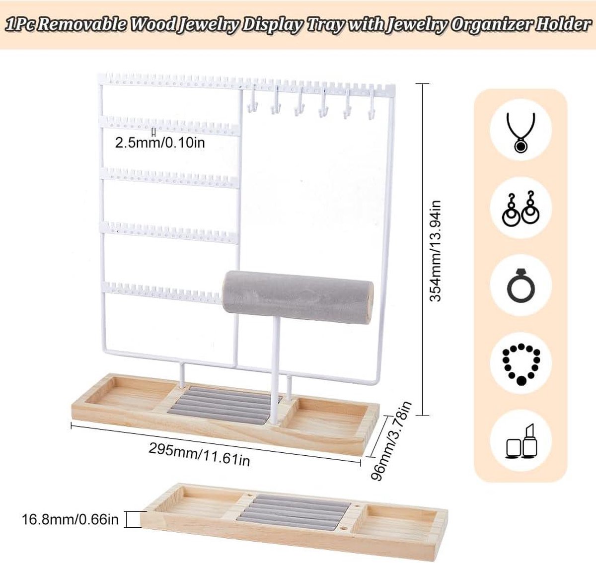 5-Tier Witte Sieraden Organizer Stand met 102 Gaten - Oor Stud Houder - Houten Dienblad voor Kettingen, Armbanden, Oorbellen en Ringen - Opslag voor Retail Show — cadeau in Sieraden - foto 5