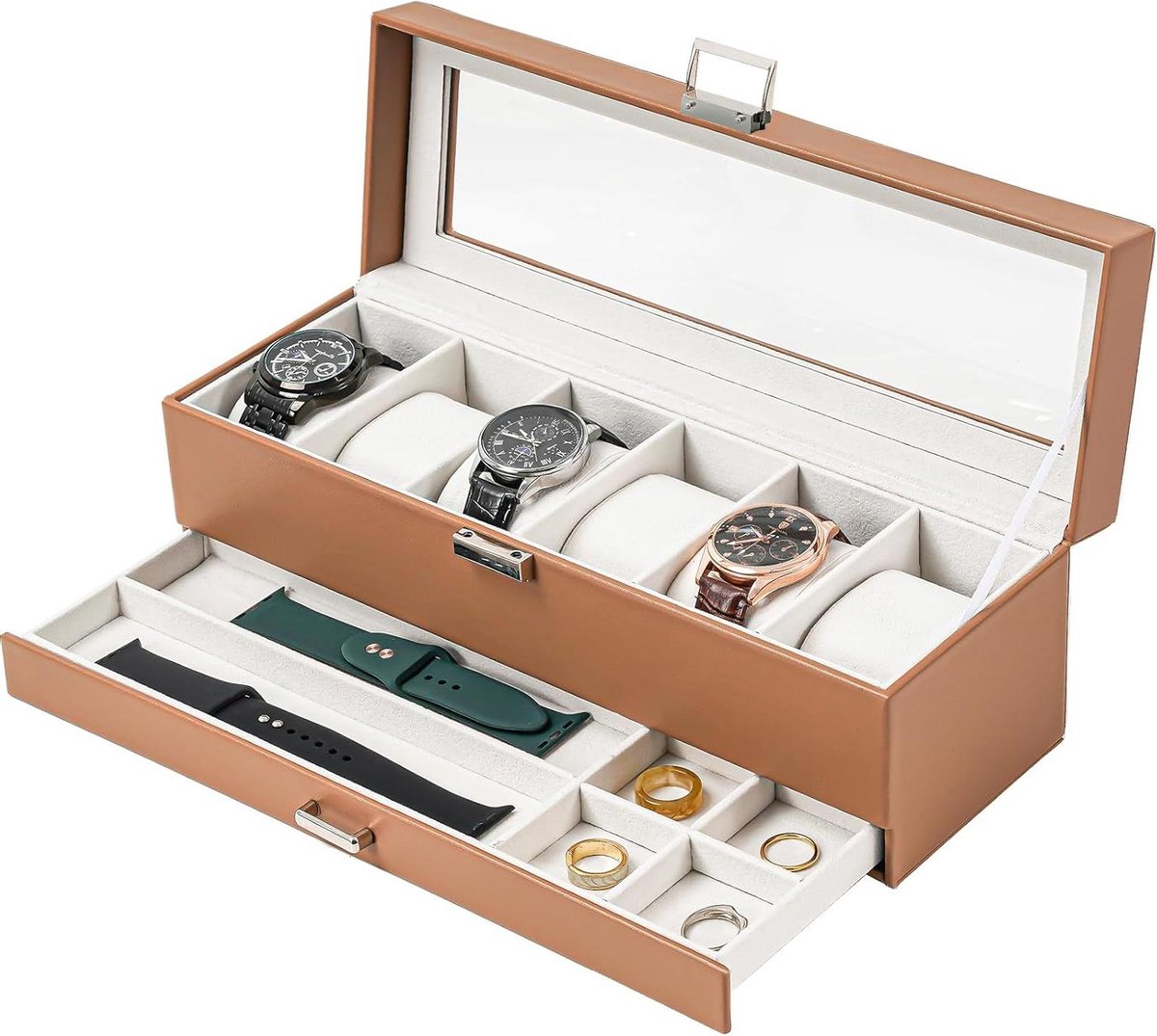 Horloge Organizer Met 6 Vakken En Lade - 2-Laags Horloge Opbergdoos Voor Mannen En Vrouwen Kaki