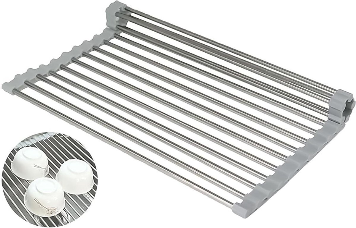 Afdruiprek roestvrij staal zwart - inklapbaar spoelbakafdekking - oprolbaar - 37 x 295 cm afdruiprek curver