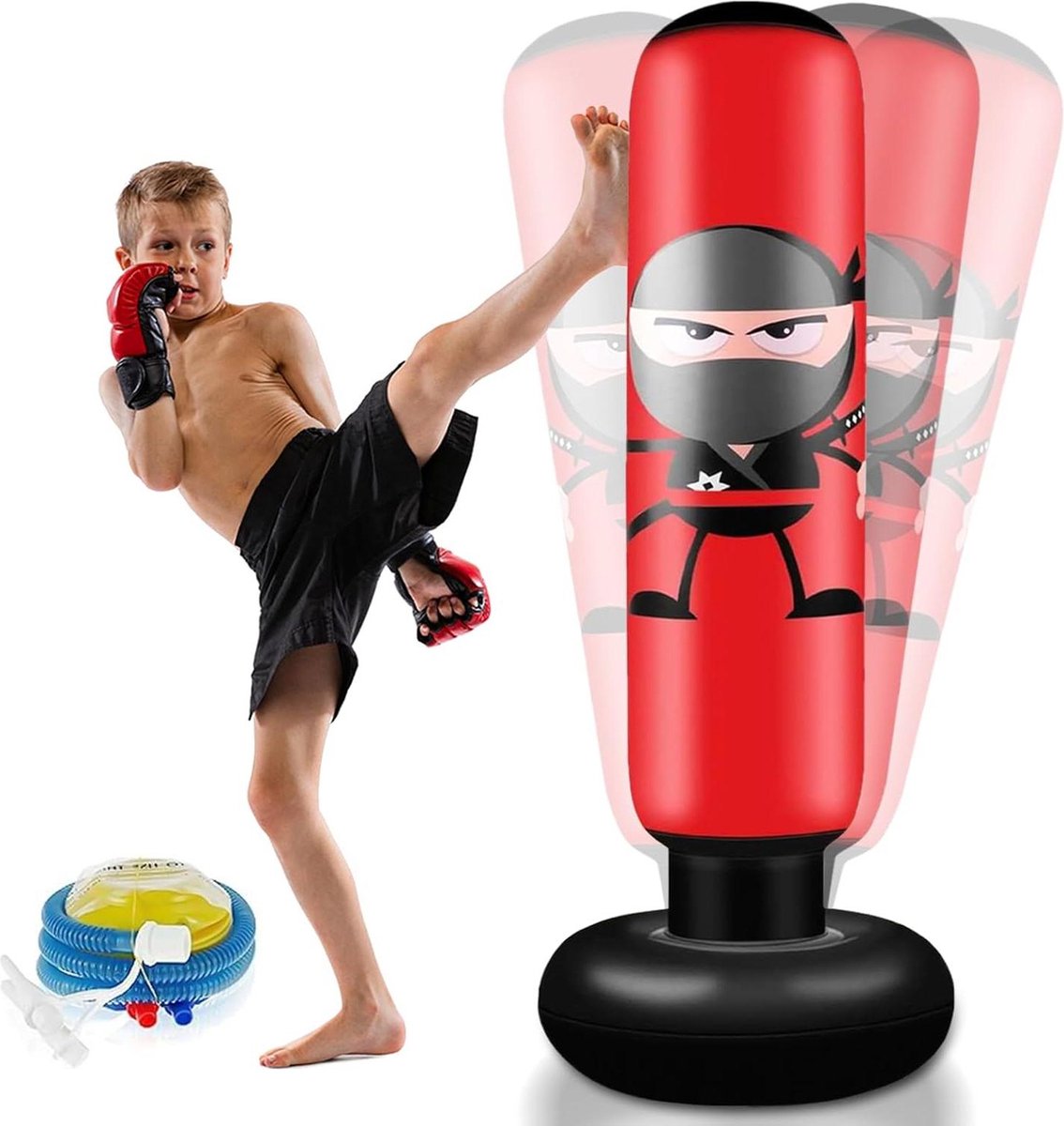 Opblaasbare staande bokszak 160 cm Ninja - voor volwassenen en kinderen met opblaasbare sportuitrusting voor thuisgebruik