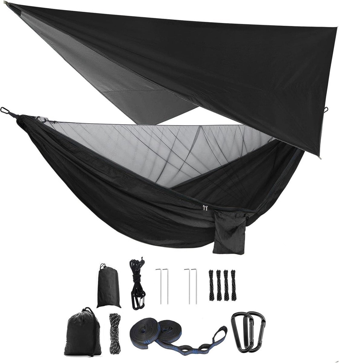 Hangmatset enkele-dubbele hangmat met muggennet insectennet regenvlieg zeer sterke parachutestof hangbed voor outdoor kamperen en wandelen zwart hangmat 2 person