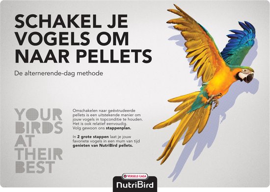 Ara met opengesperde vleugels en staart, met de tekst 'Schakel je vogels om naar pellets'.
