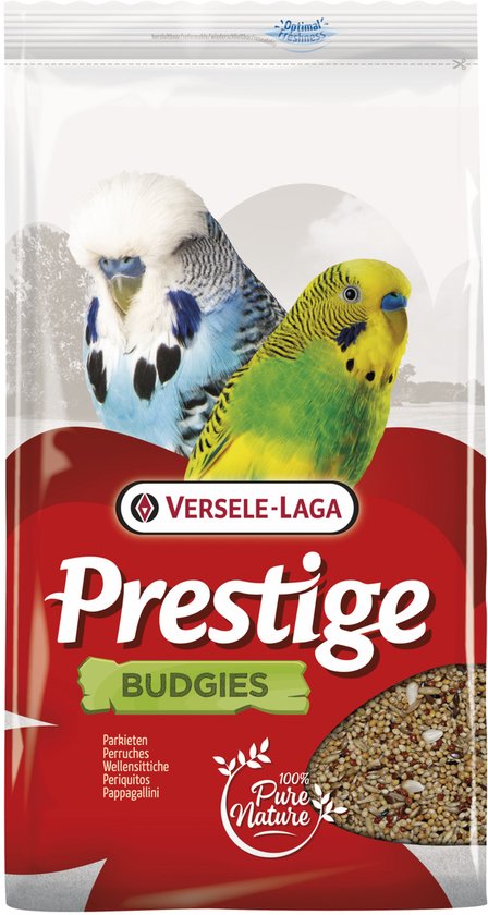 Versele-Laga Prestige Budgies voer met twee parkieten, waarvan één blauw en één geelgroen.