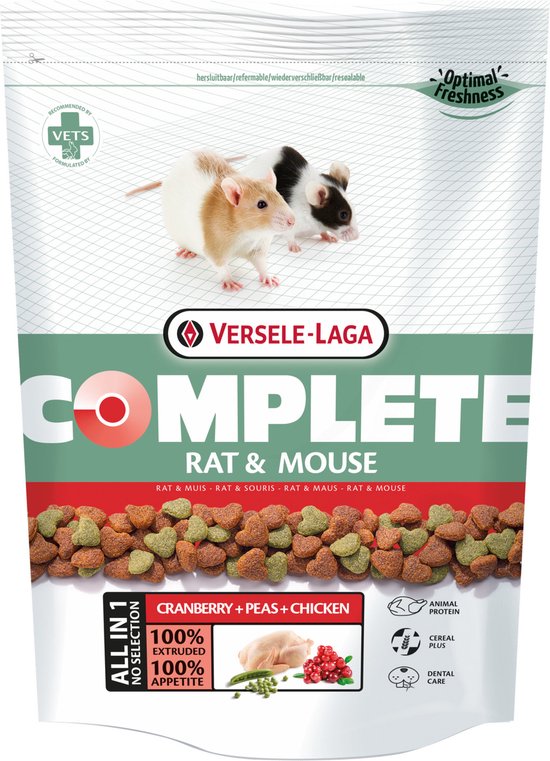 Zak voer voor rat en muis van Versele-Laga. Toont twee ratten en brokjes met cranberry, erwten en kip.