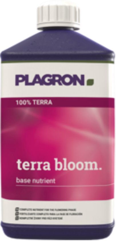 Plagron Terra Bloom 100% Terra base nutrient, 1 liter fles met paarse dop en roze label.