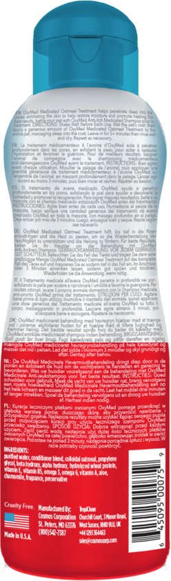 Achterkant van een fles TropiClean OxyMed Oatmeal Treatment met ingrediënten en instructies.