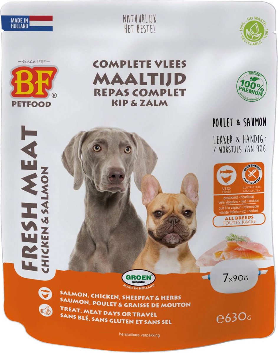 BF Petfood Vleesvoeding kip met zalm hondenvoer (portieverpakkingen) 2 x 630 g