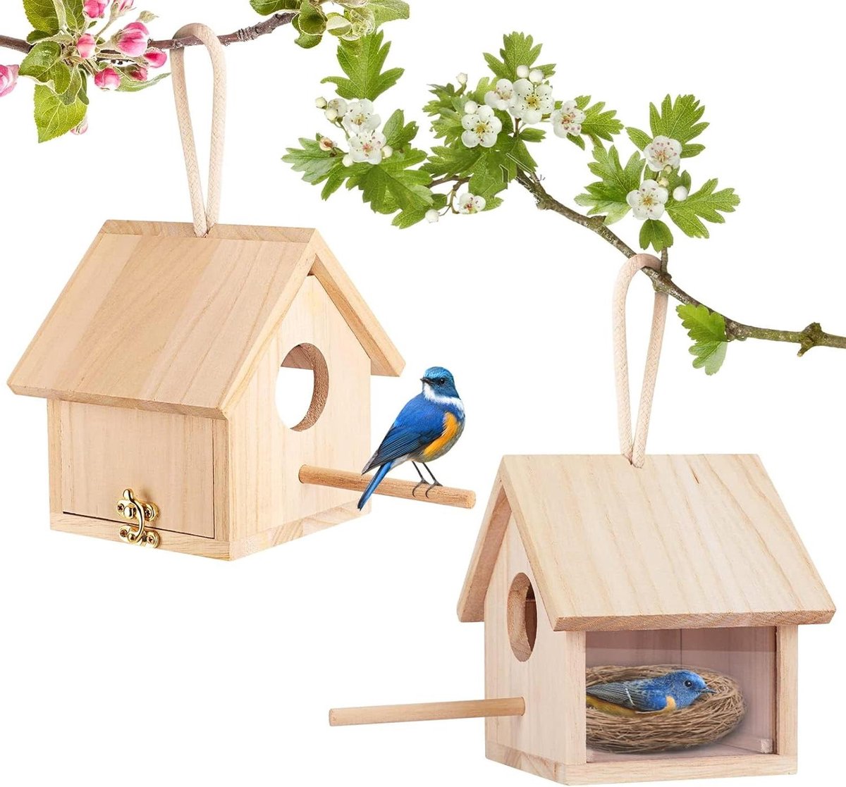 Vogelhuis Buiten Hangend Met Stang Houten Blauw Decoratief Terras - Zwaluw Spat Kolibrie Vink Throstle