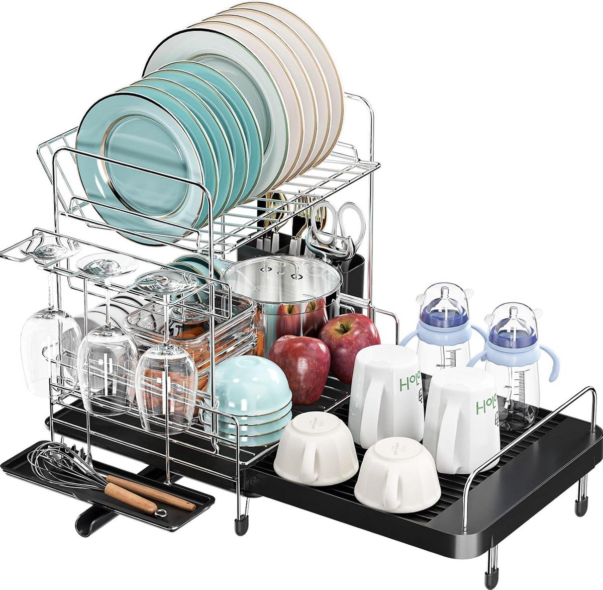 Goedkoopste Uitbreidbaar 2-laags afdruiprek voor aanrecht - Roestvrijstalen plaatrek - Organisator met gebruiksvoorwerphouder - Wijnglashouder - Zwart