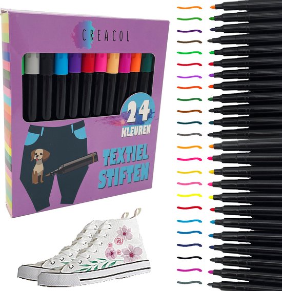 Foto: Creacol textielstiften voor kinderen 24 stuks textielmarkers kleding stiften textielstift