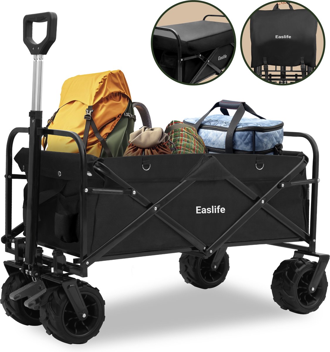 EasLife - Bolderkar - Opvouwbaar - Bolderwagen - met Regen Hoes - Inclusief Veiligheids riemen - Opbergvakjes - tot 80KG - 94L - Wasbaar Polyester - 98x45cm - Zwart