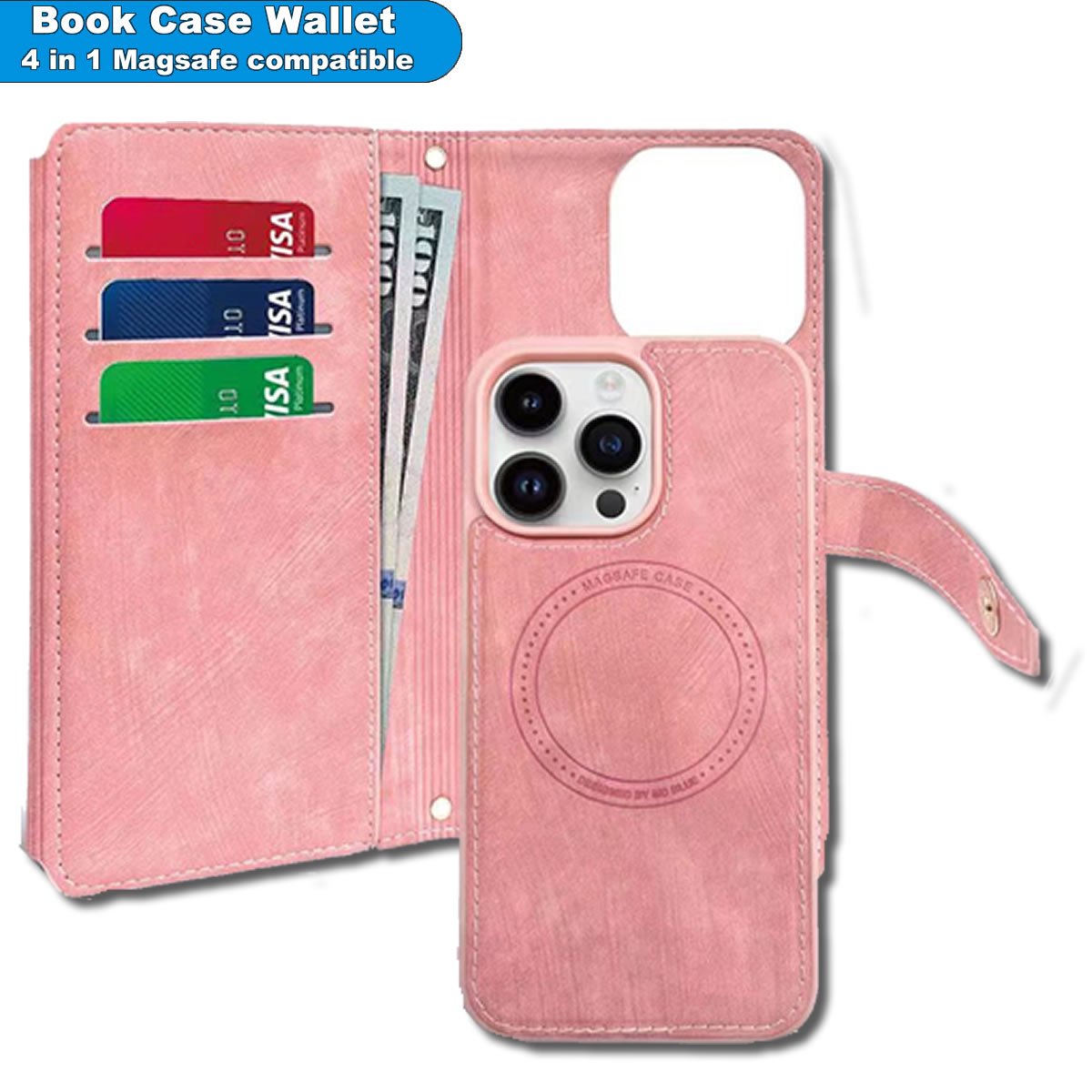 Elegant Book Case Hoesje geschikt voor Apple iPhone 15 Pro Max - Uitneembare back cover - Draadloos Opladen - met pasjeshouder - Roze