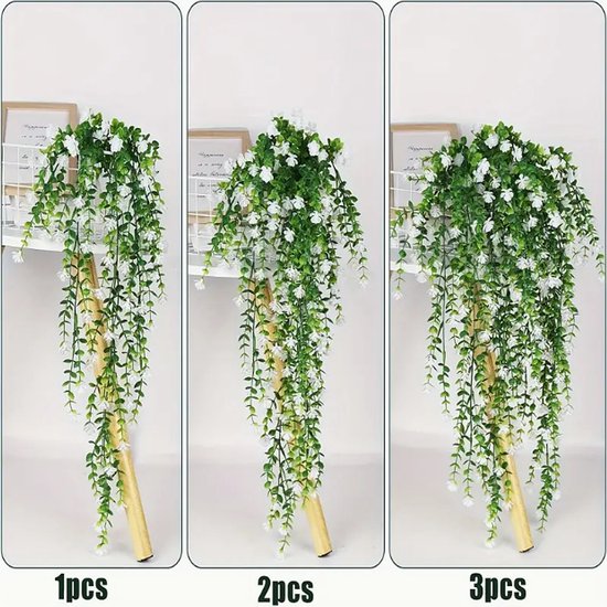 Allernieuwste.nl® Set de 3 Plantes artificielles suspendues avec Fleurs Witte pour terrasse et balcon - Résistant aux UV - 80 cm %%