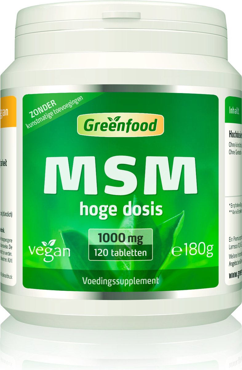 Goedkoopste Greenfood MSM, 1000 mg, hoog gedoseerd, 120 tabletten, veganistisch - Hoge beschikbaarheid. Zonder kunstmatige toevoegingen. Zonder GGO.
