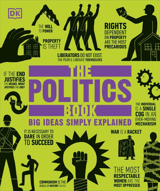 Boekomslag van DK De Politiek Boek. Illustraties met slogans zoals 'Eigendom is diefstal'.