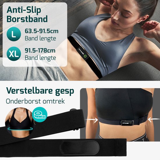 Vrouw met FITAGE hartslagmeter band, maten L en XL voor de bandlengte.