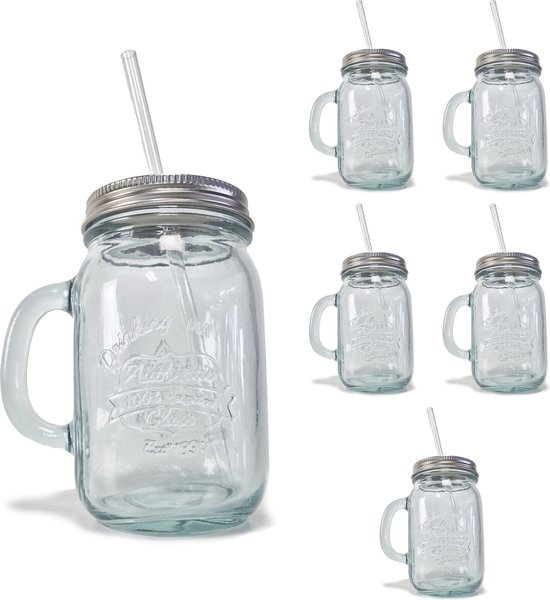 Foto: San miguel drinkglazen met deksel en rietje set van 6 stuks mason jar 100 gerecycled glas 550 ml smoothie glazen handvat vaatwasserbestendig