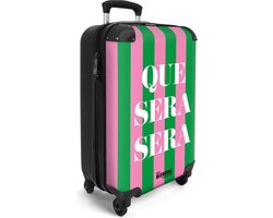 NoBoringSuitcases.com® - Handbagage koffer lichtgewicht - Reiskoffer trolley - Groene en roze strepen met de quote 'que sera sera' - Rolkoffer op wieltjes - Travel suitcase cabin - Vakantie valiezen volwassenen - Past binnen 55x40x20 en 55x35x25