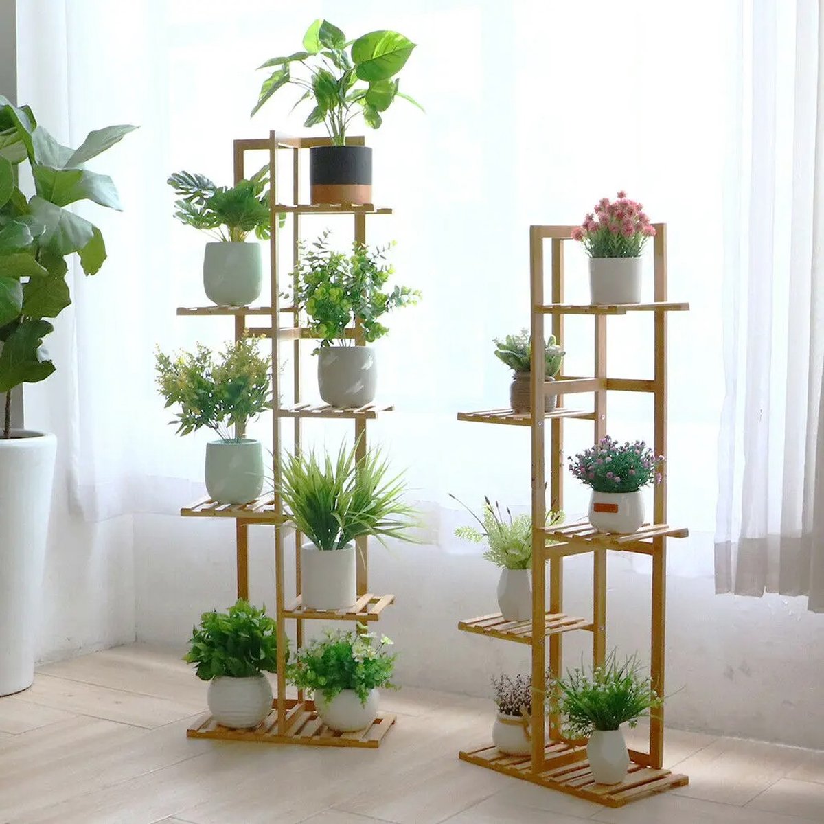 Eszenzics™ Design Plantenrek 6-laags Bamboe Lichtbruin Plantenstandaard voor Tuin Patio Serre Balkon Planten Bloempotten