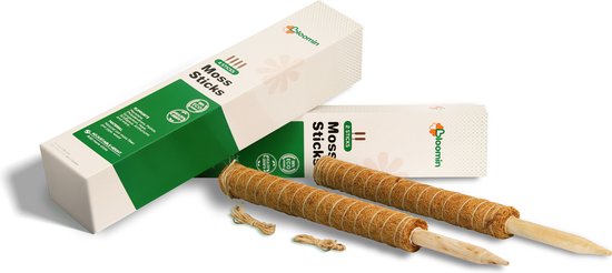 Twee kokos potstokken en een verpakking van 'Bloomin Moss Sticks', met bundels touw ernaast.