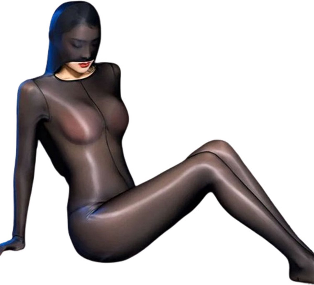 Goedkoopste Erotische verleidelijke Panty bodysuit - Masker - Capuchon - Open kruis - Doorzichtig - Elastisch - One size - Unisex - Sexy - BDSM