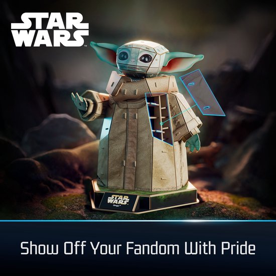 Grogu puzzel in een sprookjesachtige setting met Star Wars logo.