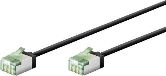 Câble réseau noir avec deux connecteurs RJ45, argentés avec clip vert.