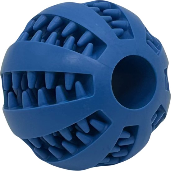 Blauwe, rubberen hondenspeelbal met uitsteeksels voor tandreiniging.