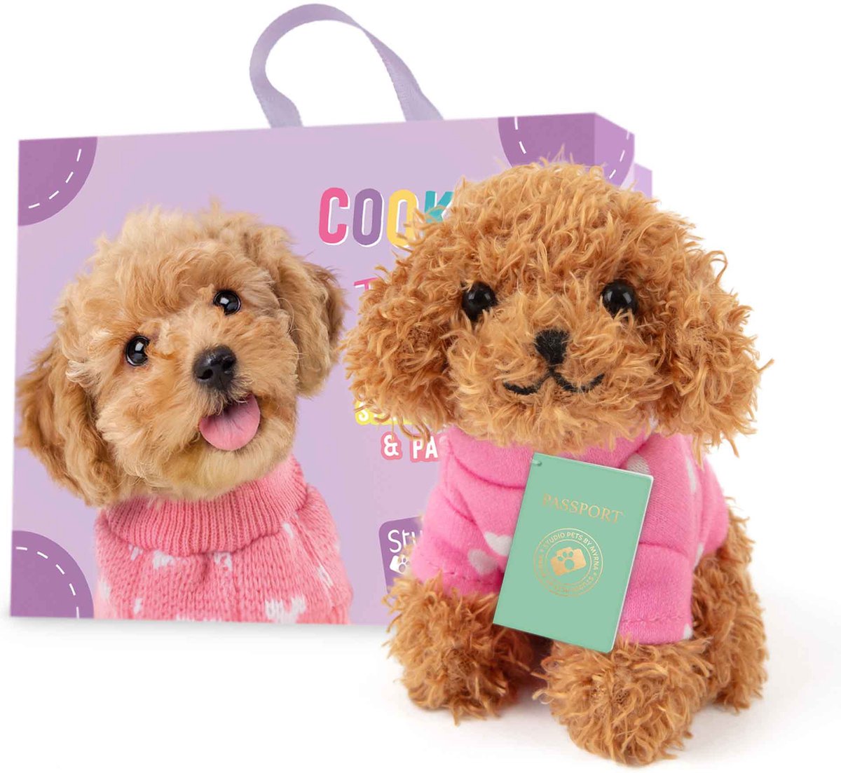 Studio Pets® Mini Knuffel Toy Poedel Cookie (8 cm) met Koffer, Paspoort & Stickerboek