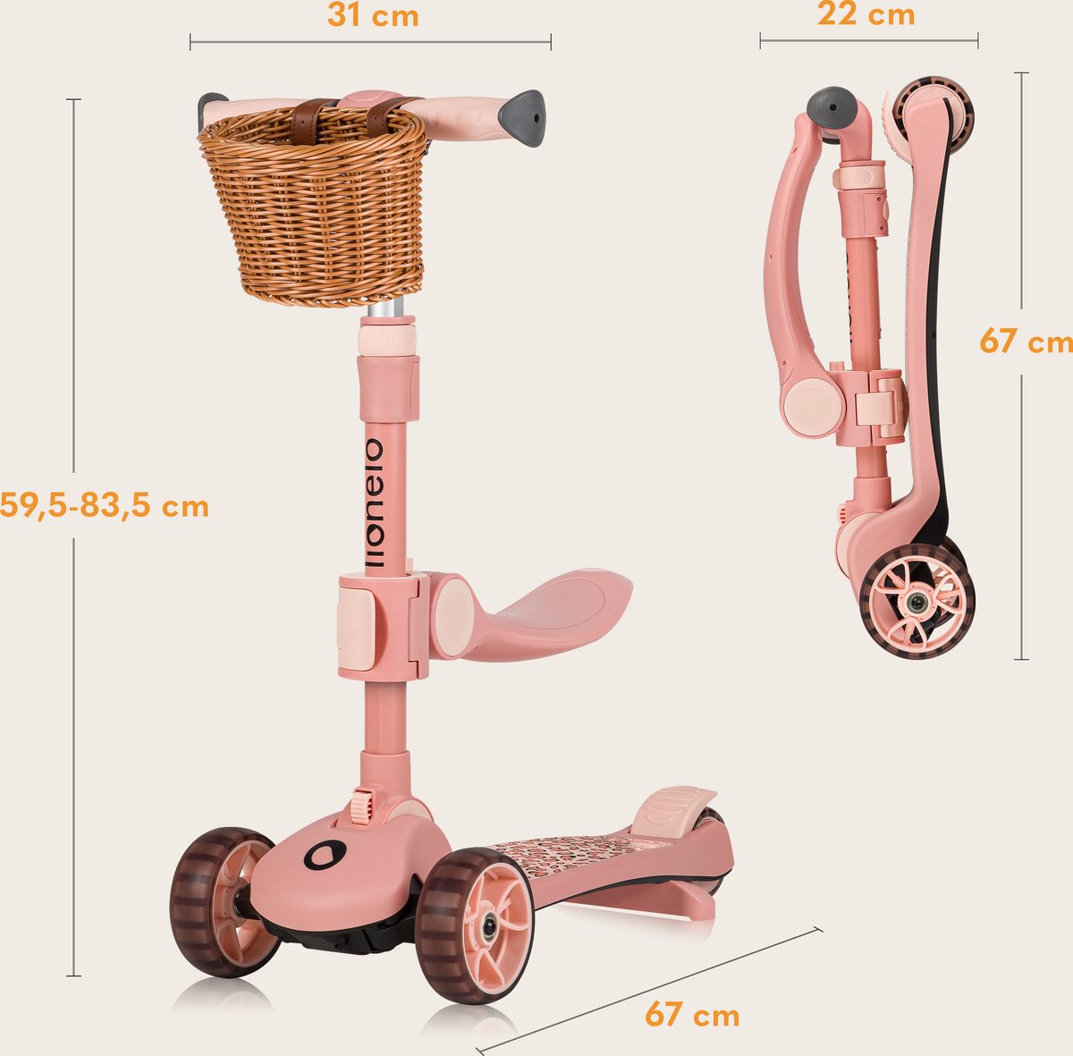 Lionelo Franky Kinderstep 2in1 - LED - 3 wielen - tot 50kg - Fiets en scooter 2in1 - Grote verlichte wielen  - Speelgoedmandje — afbeelding 12