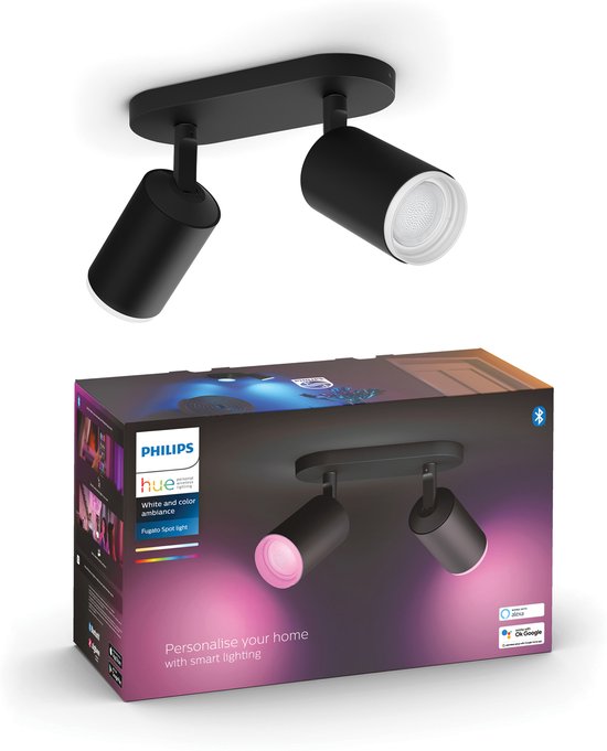 Hue White and Color Ambiance Spot double Fugato Comprend ampoule LED GU10 Commande Bluetooth via l'application Contrôle avec l'application ou la voix* Ajoutez un pont Hue Bridge pour débloquer plus de fonctionnalités