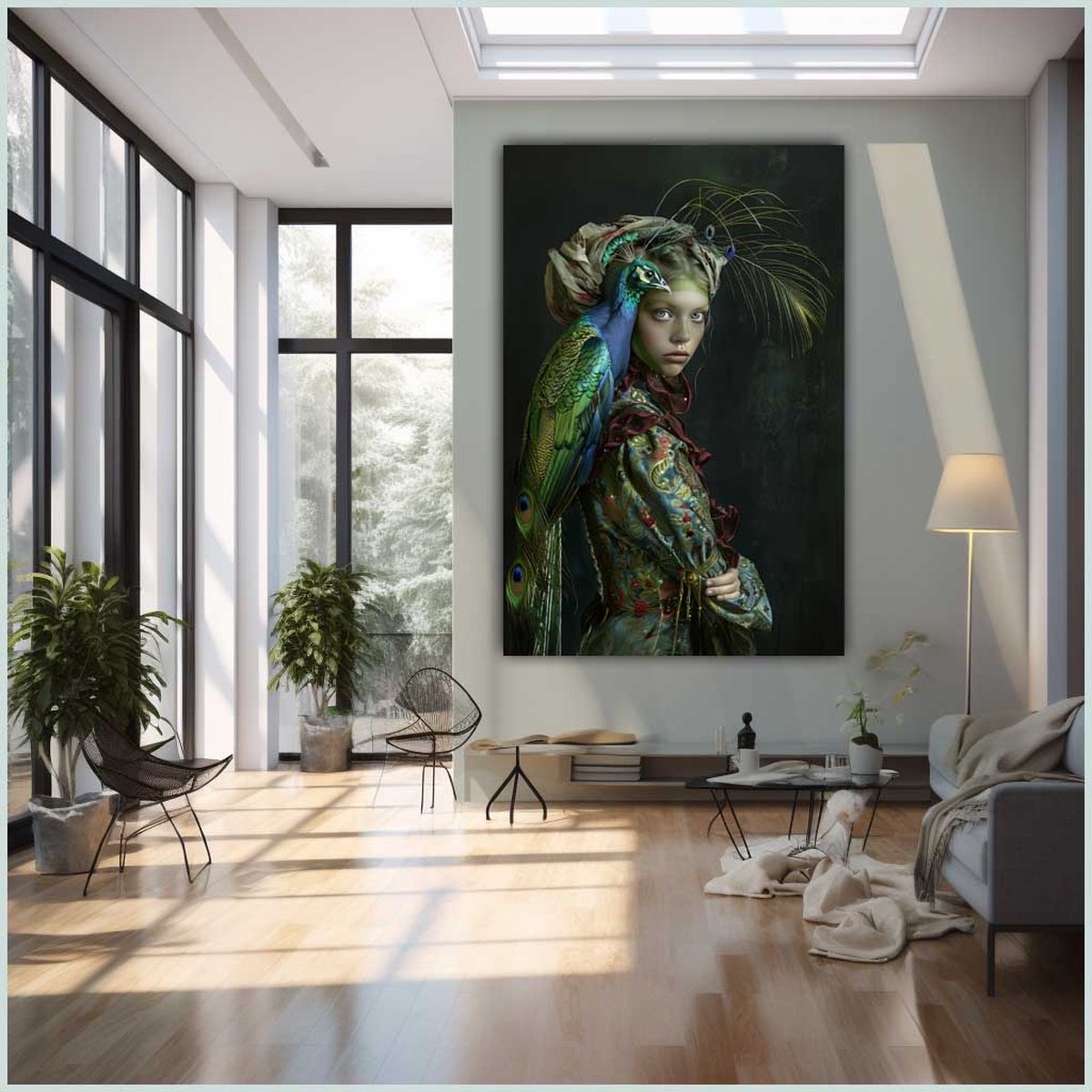 Canvas schilderij - Canvas - Staand - 50 x 70 cm - Portret - Mens - Pauw - Modern - Wanddecoratie - Muurdecoratie woonkamer - Uniek - Exclusief -Picturetopicture