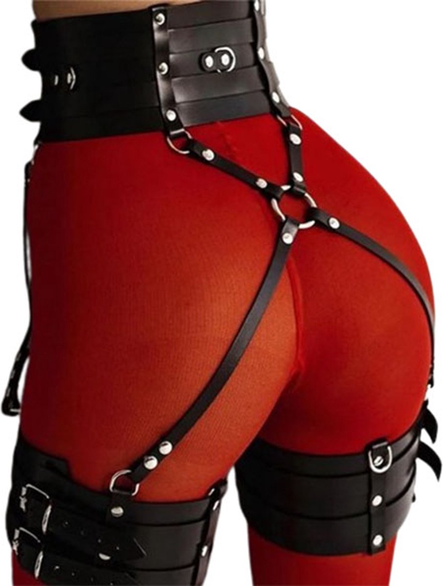 Goedkoopste 2-delige bondage set Heup en Bovenbenen - BDSM harnas - Luxe lederen materiaal - Erotisch - Kinky - SM - Verstelbaar