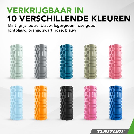 Tientallen gekleurde Tunturi foamrollers, waaronder mint, grijs, petrol blauw, legergroen, rosé goud, lichtblauw, oranje, zwart, roze en blauw.