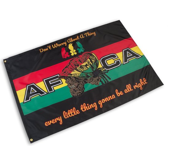 Zwarte vlag met horizontale rode, gele, groene banen. Tekst 'AF CA', schedel met kroon en vogels. Tekst 'Don't Worry About A Thing' en 'every little thing gonna be all right'.