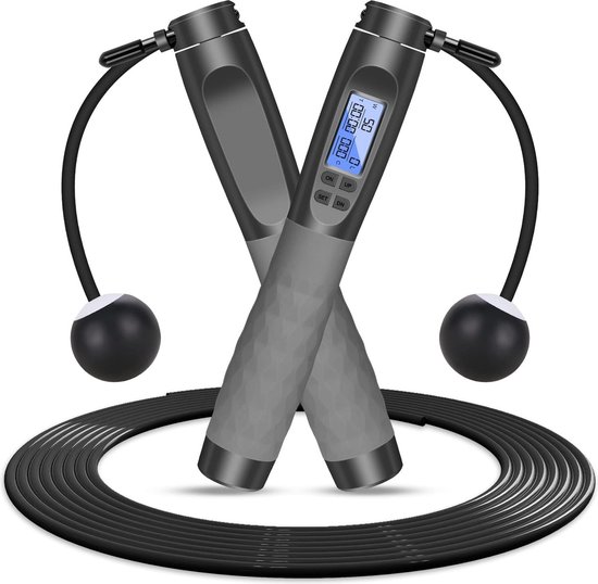 Flintronic Springtouw met twee functies, elektronische teller, gewichtsverlies, sportief, voor kinderen en volwassenen, met gewichtsbal, grijs/zwart