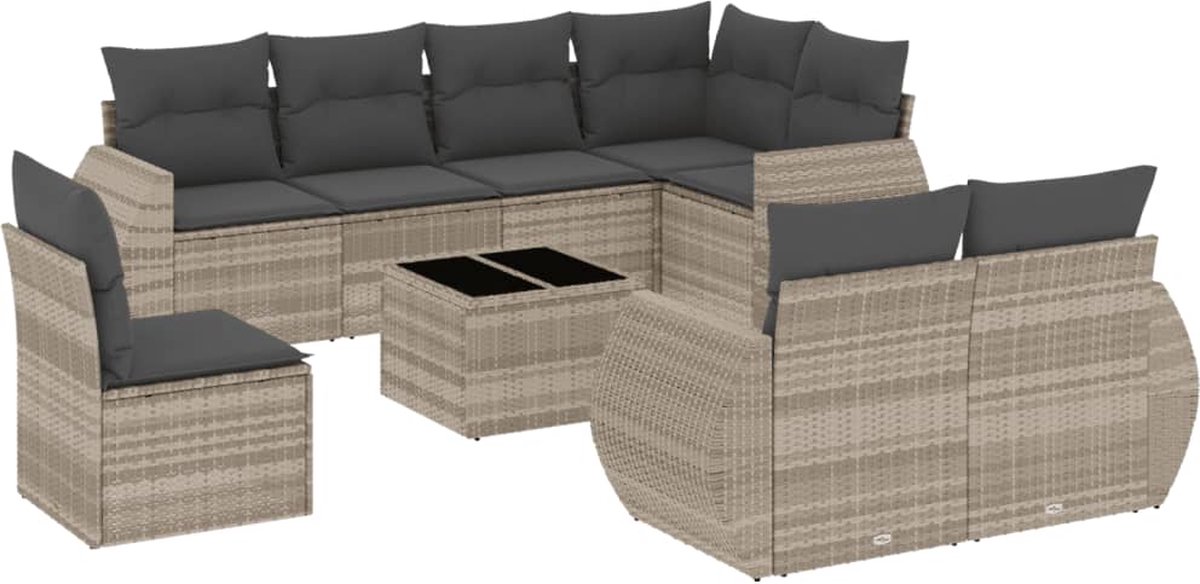 vidaXL 9-delige - Loungeset - met - kussens - poly - rattan - lichtgrijs