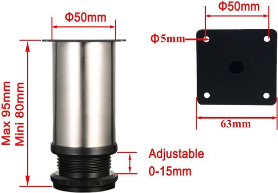 Drenky Meubelpoten, 8 stuks, metaal, tafelpoten, 15 cm, rond, geborsteld roestvrij staal, in hoogte verstelbaar, totale hoogte 150 mm - 165 mm, inclusief roestvrijstalen schroeven, voor meubelproject