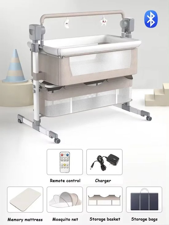 Babybed met schommelfunctie & afstandsbediening - Aanschuifbedje met muziek & muggennet - Kinderbedje - Beige