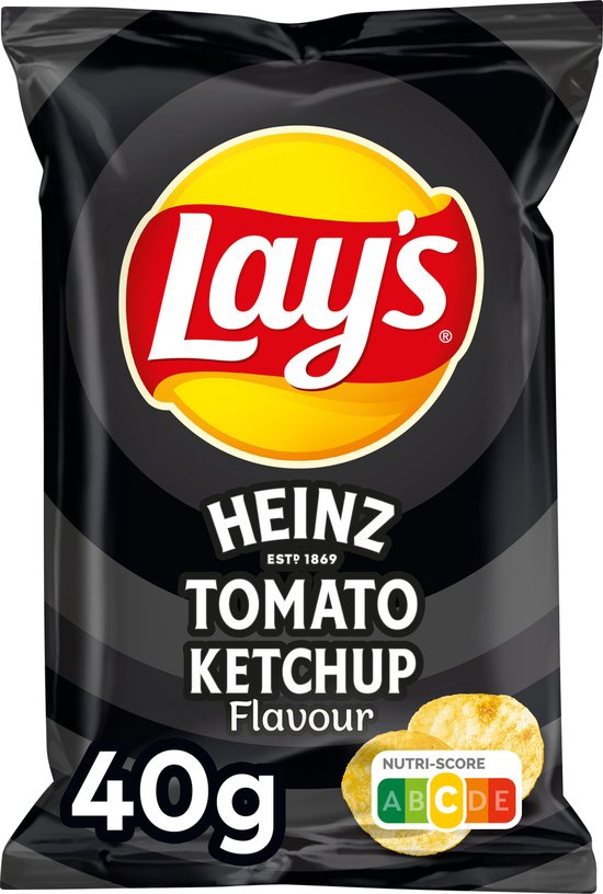 Zwarte zak Lay's Heinz Tomaten Ketchup smaak chips, 40g.