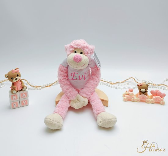 Slingeraapje met naam geborduurd - Hawsaz.nl cadeau - Baby knuffel met naam roze- Geboorte cadeau - Cadeau voor jongens en meisjes - Verjaardag cadeau - Baby en peuter cadeau - Kraamcadeau - Gepersonaliseerde cadeau - Fluffy knuffel -Kado met naam — afbeelding 2