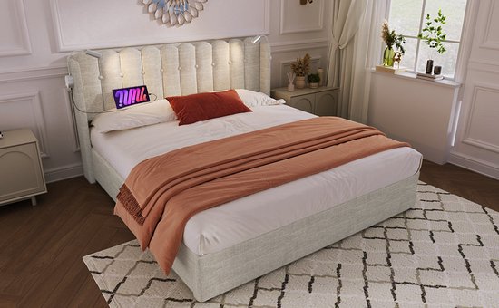 Merax Lit Double Rembourré 160x200 cm Comprenant Matras Mousse Froide 7 Zone - Lit avec Lampe de Lecture et Fonction Recharge de Téléphone - Espace de Rangement Hydraulique - Beige
